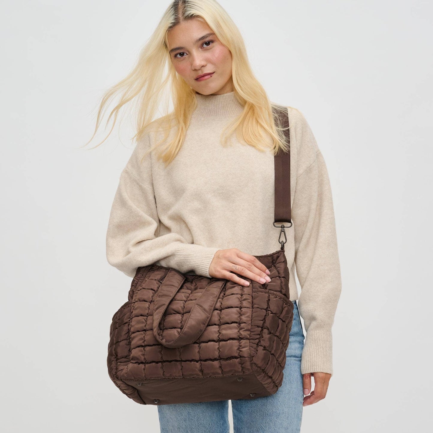 Dreamer - Quilted Puffer Nylon Tote: Brown