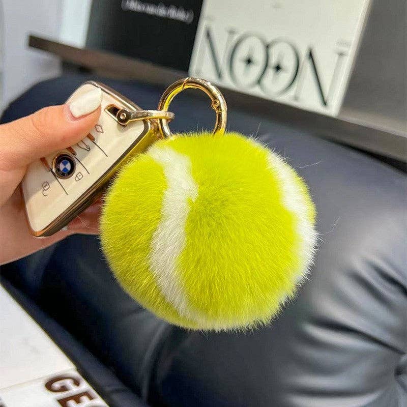 Fluffy Rex Rabbit Fur Tennis Ball Keychain: GREEN / One_size