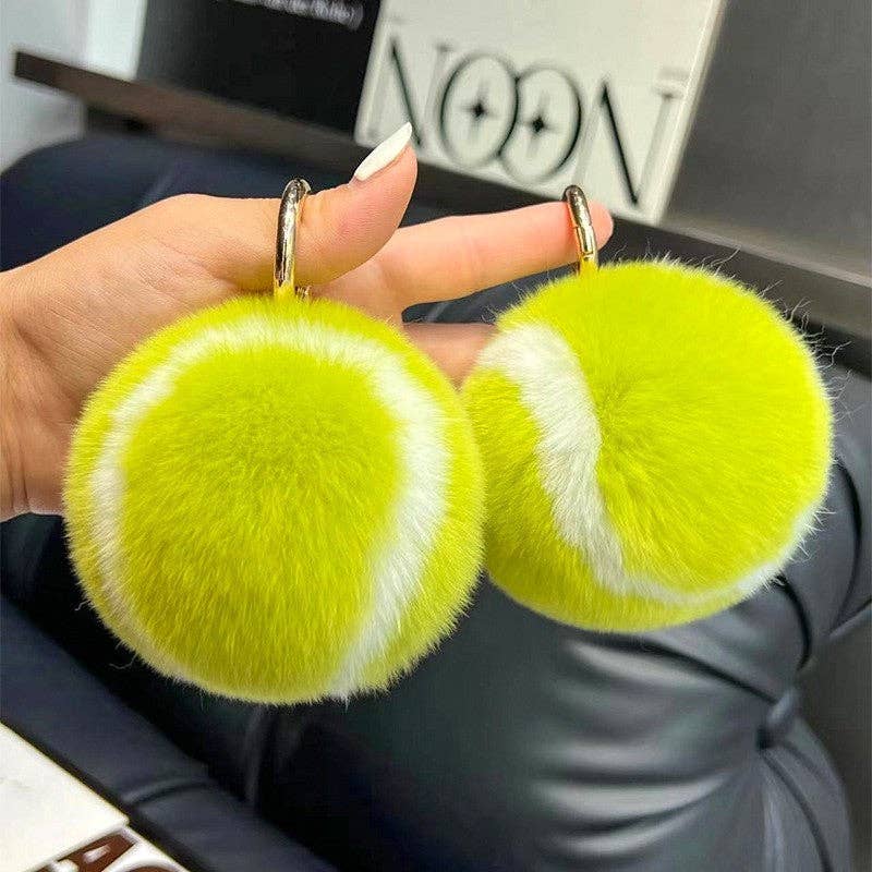 Fluffy Rex Rabbit Fur Tennis Ball Keychain: GREEN / One_size