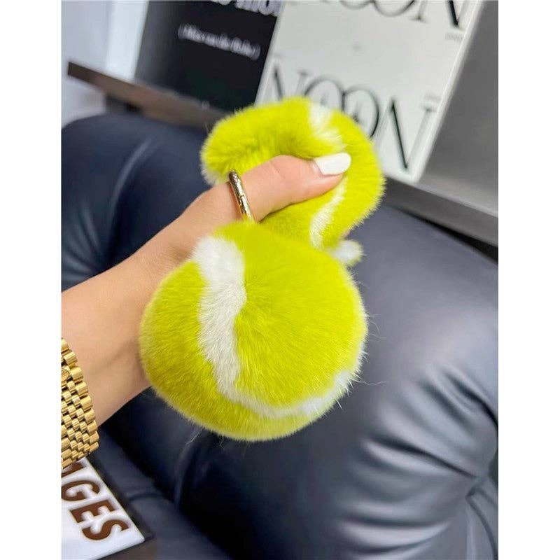 Fluffy Rex Rabbit Fur Tennis Ball Keychain: GREEN / One_size