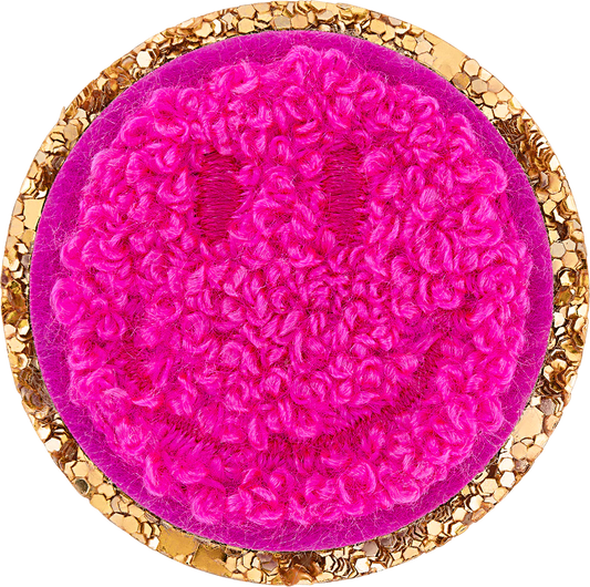 Fuchsia Mini Glitter Varsity Smiley Face Patch